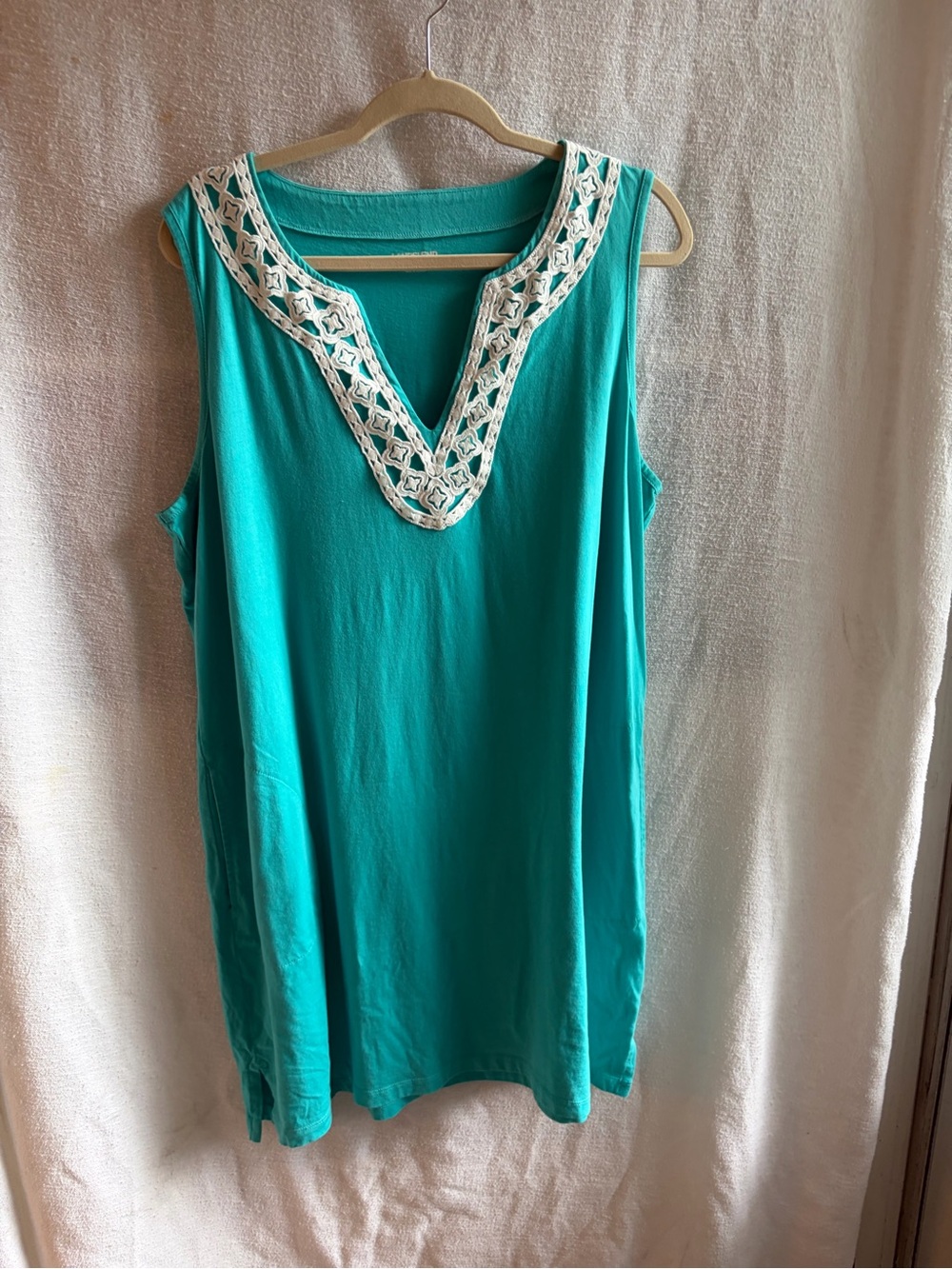 Lands' End Teal Sleeveless Swim Coverup with White Crochet V-Neck Trim